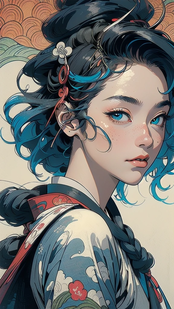 (((masterpiece, highest quality))),,(((solo:1.2))),(((1girl:1.2))),32k wallpaper, very detailed, poster, vintage science fiction,(((((portfolio))))),(((((Close-up))))),(((((bust up))))),((((more various angle)))),((((highlight)))),((((heterochromia)))),(((complete. detailed face))),(((detailed unlimited complete equipment : great ocean))),(((((Absolutely Realistic Clouds background))))),(((Texture for people : halftone))),((Open your mouth wide)),(((Wind God and Thunder God))),(((Ukiyo-e))),