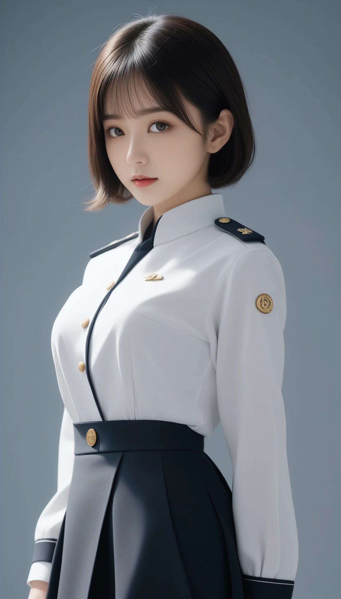 8k, Ultra-high resolution, Highest quality, masterpiece, 三分割法によるphotograph,Surreal, photograph, 1 Girl, (:1.3), pretty girl, Cute Face, Beautiful eyes in every detail, 細かくdetailedに,masterpiece,One Girl:1.2,Japanese female officer,Superior non-commissioned officer,full body,Serious expression,Black short hair,Bob with bangs, (The finest ceremonial attire:1.3),Pencil Skirt,Military clothing,Sharp contours,Looking down,Gray background, Light from above, Low contrast, (Side view),Perfect and beautiful face ,完璧でCute Face, Skin with attention to detail, Perfect limbs、Narrow waist,Looking at the audience,(((Ideal body type))),A cup small breasts :2,Portraiture:2,Perfect Anatomy,鮮明なdetailed,detailed,Surreal,Light and shadow,glowing