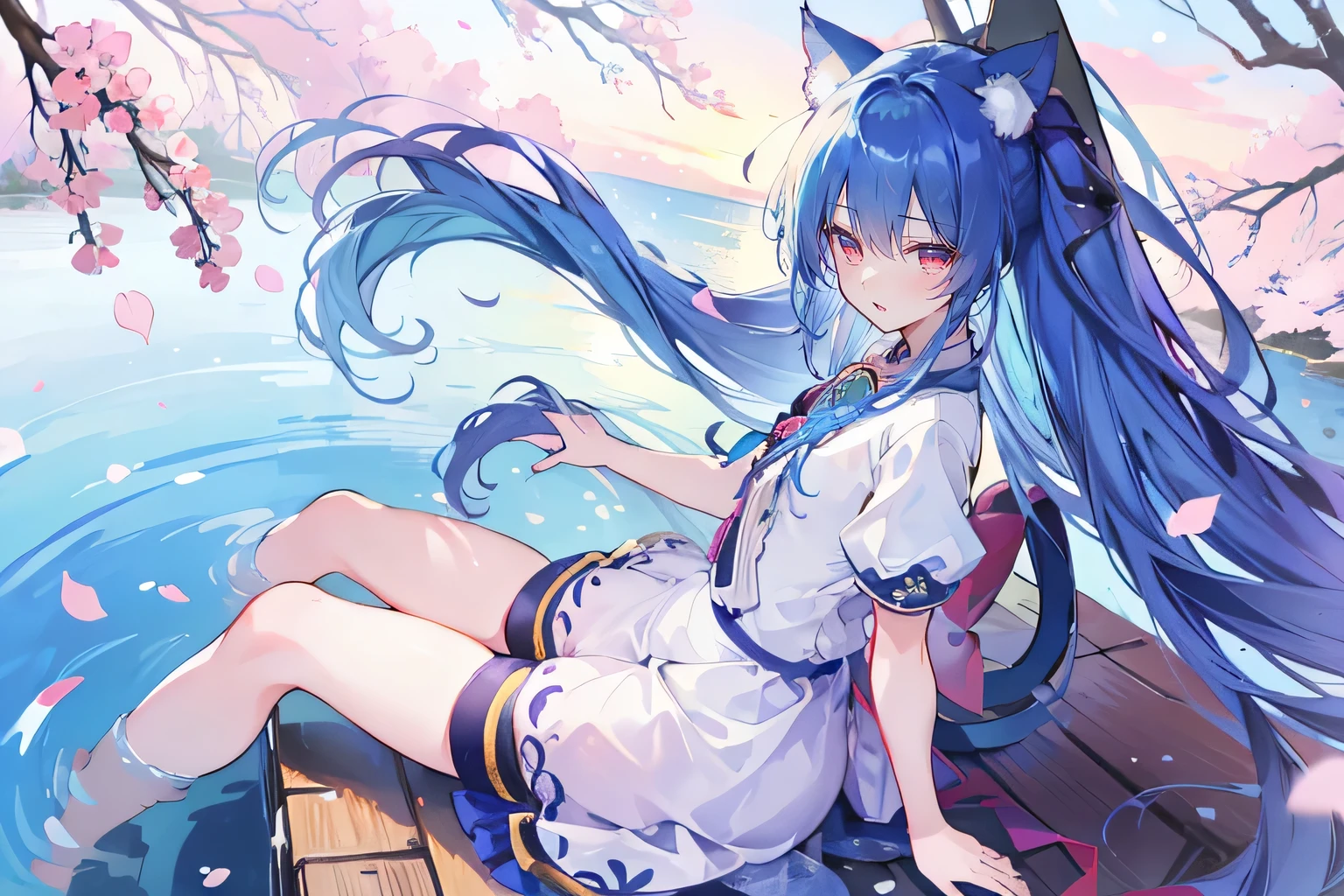 (masterpiece:1.2),Super detailed,lifelike,Expressive eyes,fair skin,perfect face shape,1 girl,
Japanese comics,Gorgeous blue hair,flowing blue hair,flowing clothes,Cat ears,Petals fall,beautiful lola,Baby Angel,
Cross your legs,,The pavilion is cool and comfortable,smile,back views,sunrise,Petals fall, winter,lie on the water,Shy face。