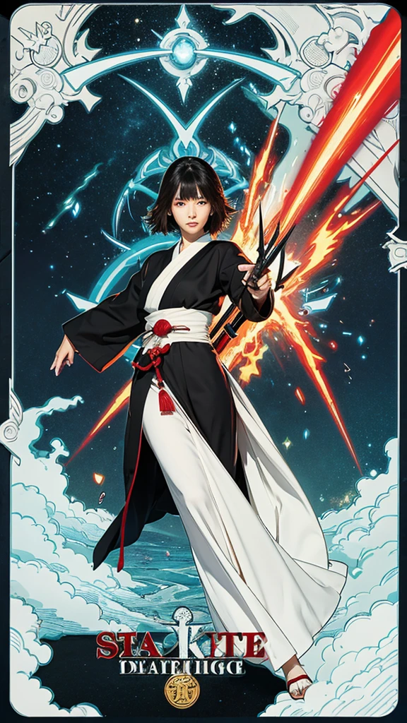 "A beautiful woman strikes an iaijutsu pose with the majestic backdrop of a shrine. The composition shows her full body, and her sharp eyes glow red, emanating a sense of mysterious power."