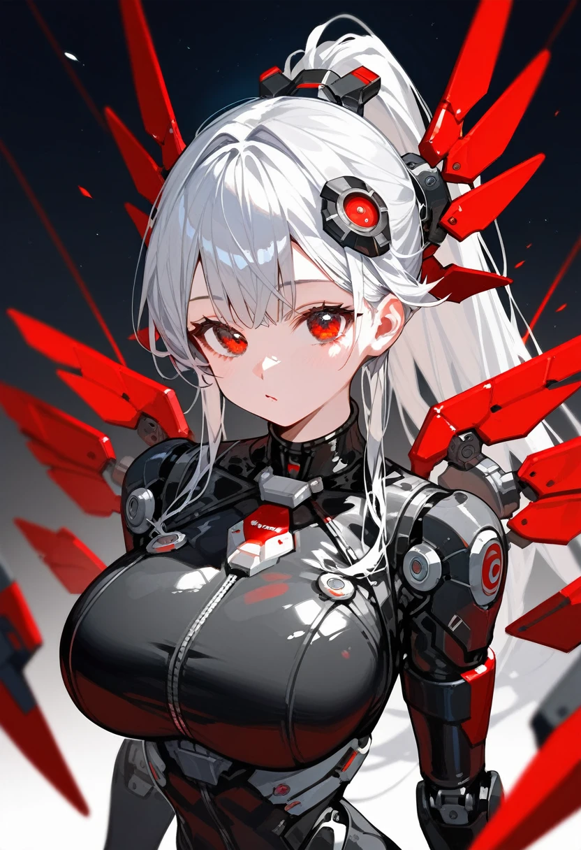 (Best quality, high detailed), 1girl, black latex suit, suit, cyber bodysuit, Silver Hair, ponytail, Red Eyes, adult woman body, sci-fi background, cute face, Anime Face, mecha accessory on head, Red Wings of the Machine, huge breasts, Red light