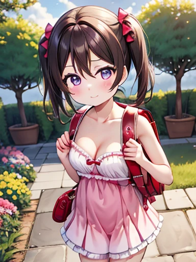 masterpiece, Highest quality, Nico_Yazawa,High resolution, 1 girl, alone, Brown Hair, short hair, Twin tails、Purple eyes, Cowboy Shot, Frill dress, , Pink Dress, (Cleavage)、(Beautiful thighs)、city, Outdoor, garden, carrying a red school bag, (randoseru backpack:1.0)、Chibi Cute:1.5