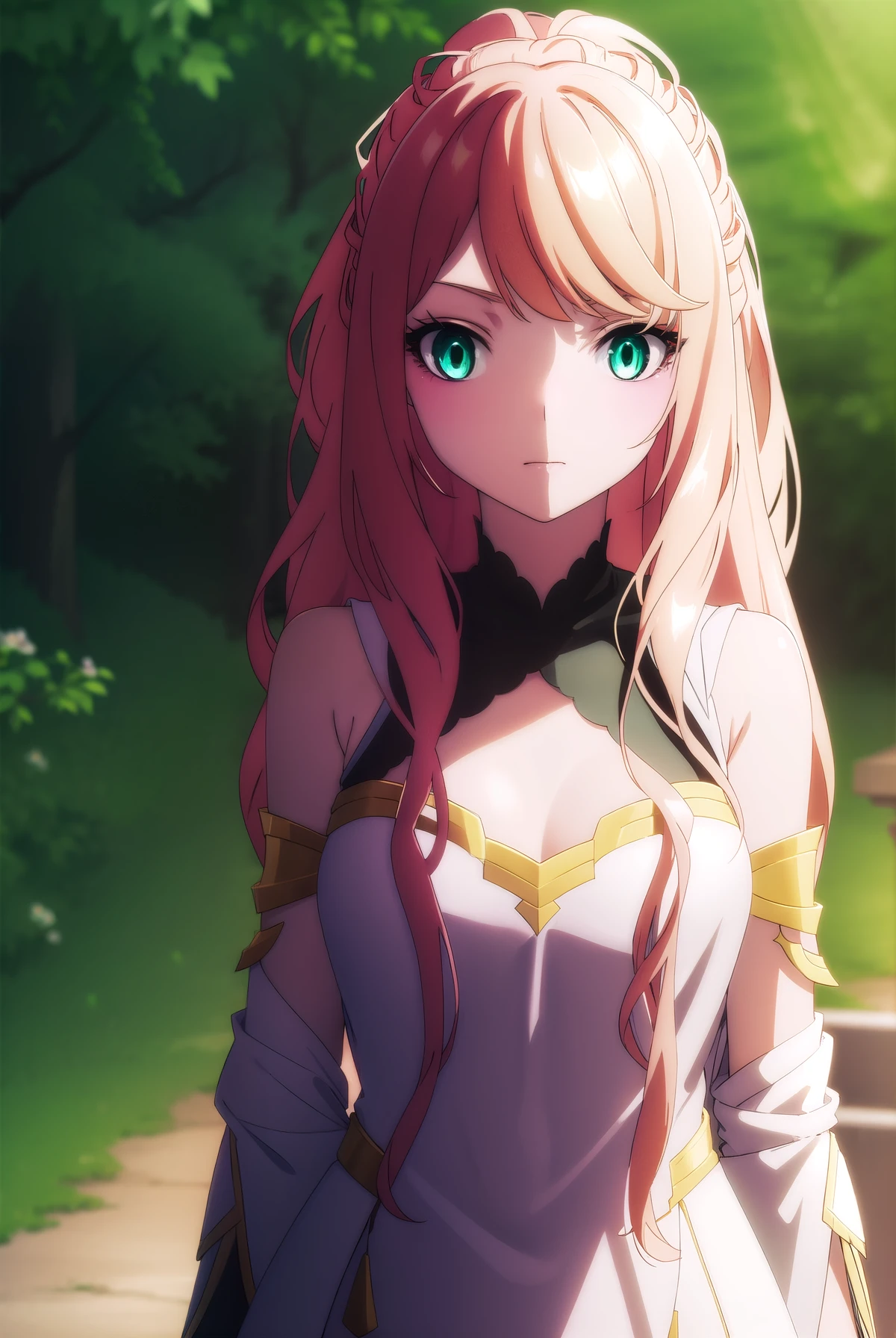 lexiavonarselia, lexia von arselia, long hair, blonde hair, (green eyes:1.5), ponytail, pink hair, big breast, visible chest, large breast, BREAK dress, bare shoulders, detached sleeves, white dress, BREAK looking at viewer, full body, BREAK outdoors, forest, nature, BREAK (masterpiece:1.2), best quality, high resolution, unity 8k wallpaper, (illustration:0.8), (beautiful detailed eyes:1.6), extremely detailed face, perfect lighting, extremely detailed CG, (perfect hands, perfect anatomy),