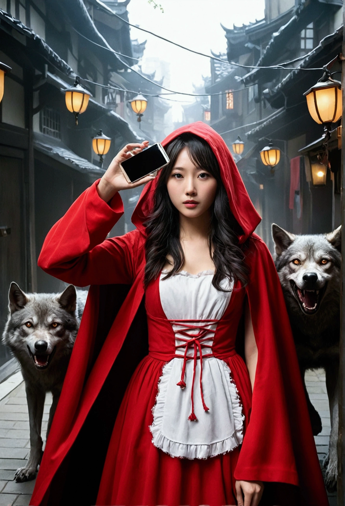１０Woman in her 20s、Little Red Riding Hood、City、Have a smartphone、Run、Beauty、dress、Japanese、Surrounded by werewolves