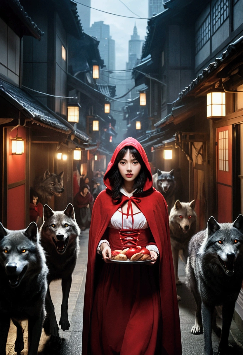 10Woman in her 20s、Little Red Riding Hood、City、Have a smartphone、Run、Beauty、dress、Japanese、Surrounded by werewolves