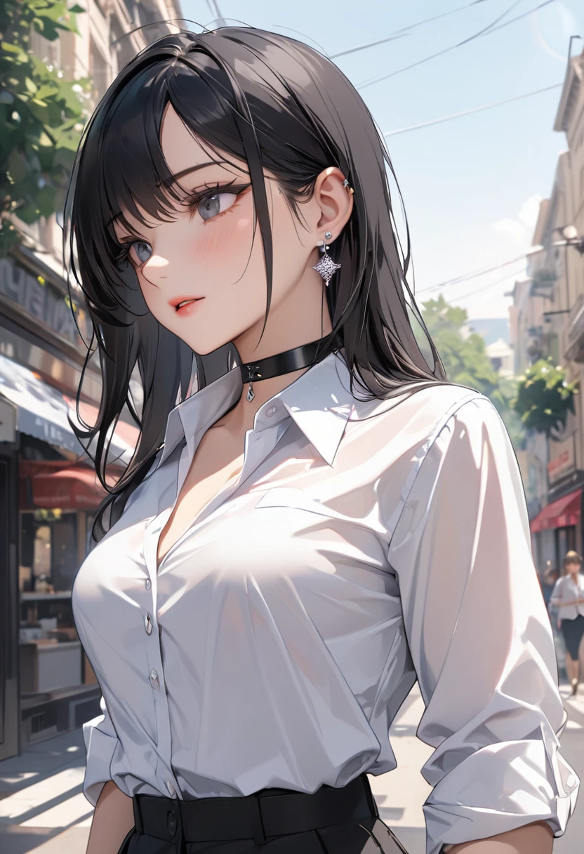 best quality, super_delicate, ultra detailed, beautiful, 8k , 1girl, ultra detailed sharp black hair, business shirt, earrings, choker, outdoor, bright, AissistXLv2