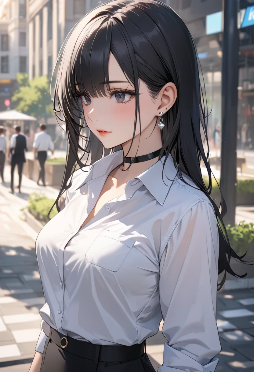 best quality, super_delicate, ultra detailed, beautiful, 8k , 1girl, ultra detailed sharp black hair, business shirt, earrings, choker, outdoor, bright, AissistXLv2