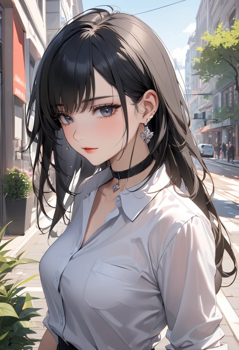 best quality, super_delicate, ultra detailed, beautiful, 8k , 1girl, ultra detailed sharp black hair, business shirt, earrings, choker, outdoor, bright, AissistXLv2