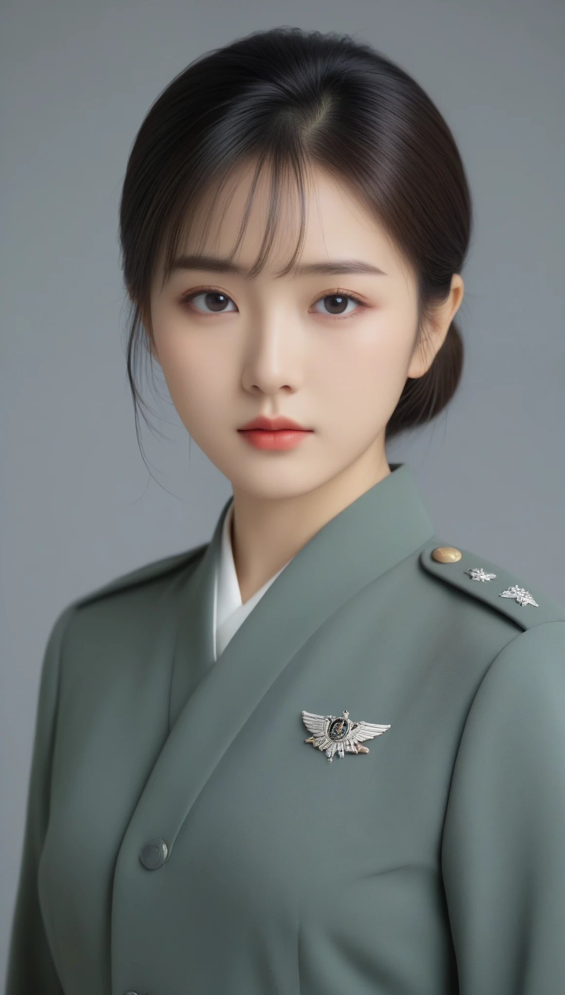 8k, Ultra-high resolution, Highest quality, masterpiece, 三分割法によるphotograph,Surreal, photograph, 1 Girl, (:1.3), pretty girl, Cute Face, Beautiful eyes in every detail, 細かくdetailedに,masterpiece,One Girl:1.2,Japanese female officer,Superior non-commissioned officer,full body,Serious expression,Black short hair,Bob with bangs, (The finest ceremonial attire:1.3),Pencil Skirt,Military clothing,Sharp contours,Looking down,Gray background, Light from above, Low contrast, (Side view),Perfect and beautiful face ,完璧でCute Face, Skin with attention to detail, Perfect limbs、Narrow waist,Looking at the audience,(((Ideal body type))),A cup small breasts :2,Portraiture:2,Perfect Anatomy,鮮明なdetailed,detailed,Surreal,Light and shadow,glowing