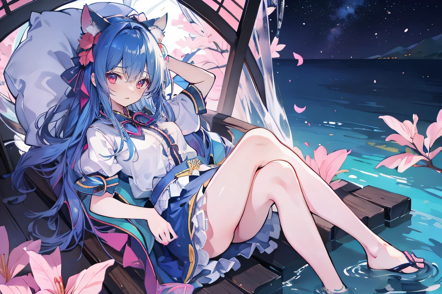 （masterpiece：1.2），Super detailed，lifelike，Expressive eyes，fair skin，perfect face shape，1 girl，
Japanese comics,Gorgeous blue hair,flowing blue hair,flowing clothes,Cat ears,Petals fall,beautiful lola,Baby Angel,
Cross your legs，，The pavilion is cool and comfortable,smile,back views,sunrise,Petals fall, winter,lie on the water,Shy face，Place your hand on your lips。