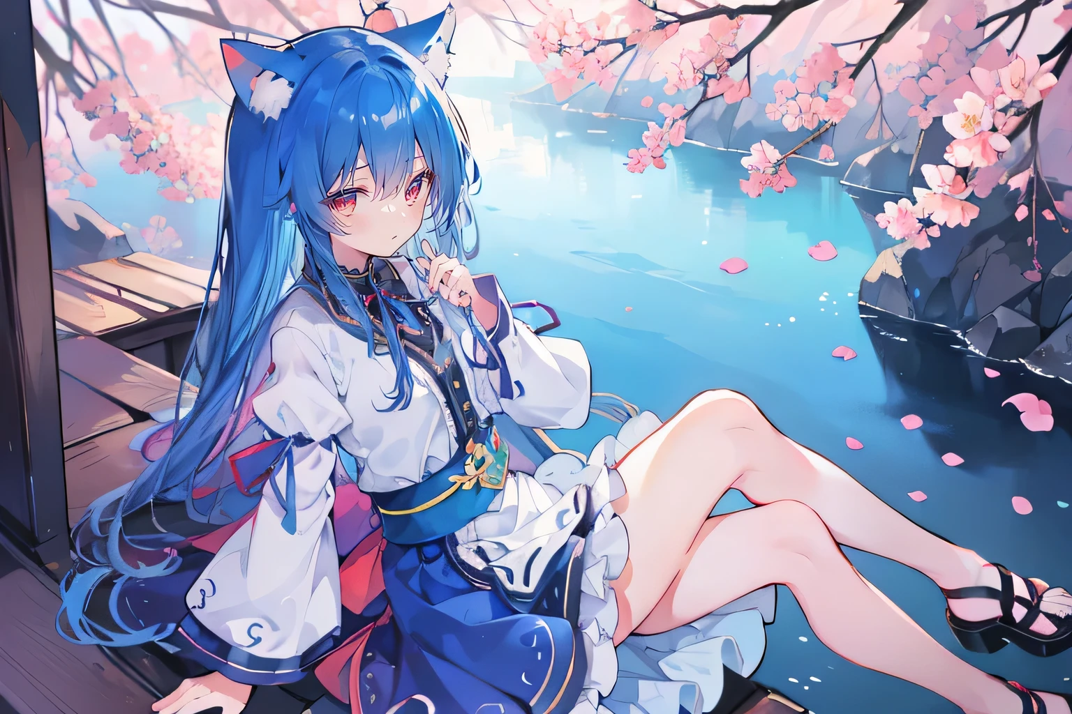 （masterpiece：1.2），Super detailed，lifelike，Expressive eyes，fair skin，perfect face shape，1 girl，
Japanese comics,Gorgeous blue hair,flowing blue hair,flowing clothes,Cat ears,Petals fall,beautiful lola,Baby Angel,
Cross your legs，，The pavilion is cool and comfortable,smile,back views,sunrise,Petals fall, winter,lie on the water,Shy face，Place your hand on your lips。