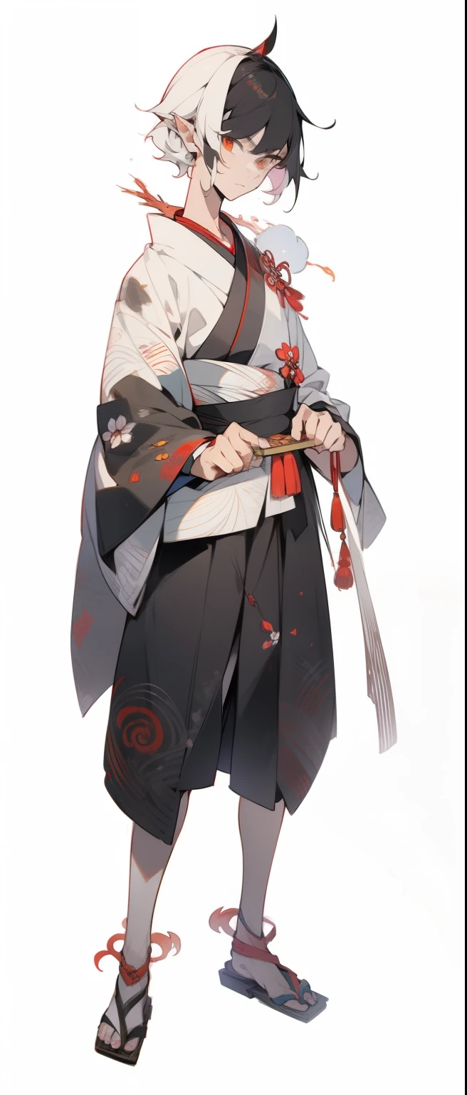 Ukiyo-e、Nine-tailed Fox、short hair,1 boy,Looking at the camera,16 years old Taoism, Close-up of face,Serious, A Serious look, Handsome, monster, short hair, Black Hair, White hair, Close-up of face, Red Eyeshadow, Tiger Teeth, Red eyebrows, Japanese style, kimono, A high-necked kimono, Branches, Pointy monster ears, Yin-Yang Master, Eternal and full of mystery, Ink and watercolor figure style, high quality, masterpiece, Exquisite facial features, Delicate hair depiction, Detailed depiction of the eyes, masterpiece, best quality, Ray Tracing, Extremely detailed CG unified 8 thousand wallpaper, masterpiece, best quality,