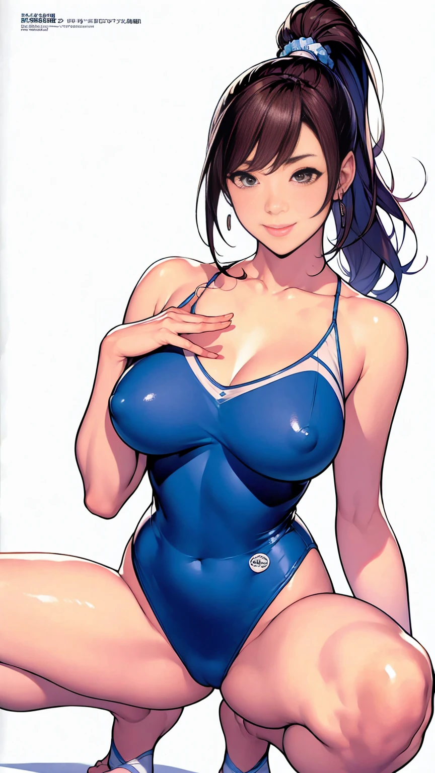 (highest quality, masterpiece:), ultra-high resolution, night, in the pub, Japanese model, young and beautiful gravure idol, squatting, spread legs:1.3, tight, wearing a gym leotard, high leg, gigantic breasts, puffy nipple:1.4, bangs, wavy long hair, ponytail, earrings, beauty, victory smile, mature woman, please face forward and look at the camera,