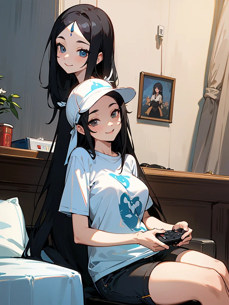 {best quality}、My room in white tones、Long Black Hair、The front hair is up、hairpin、forehead、25Old woman、beautiful breasts beautiful breasts、Sitting and playing video games with a game controller、openmouth、A fearless smile、oversized t-shirt、shorts、cowboy shot、Low angle