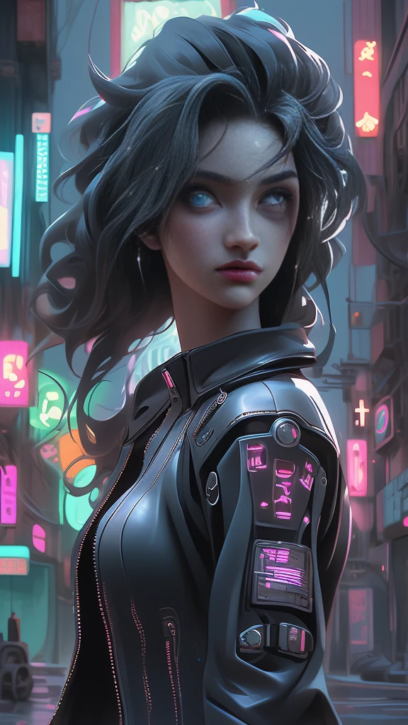 Beautiful cyberpunk girl in black leather jacket, flowing silky hair, detailed face, beautiful detailed eyes, piercing eyes, neon city background, cinematic lighting, complex technology, glowing technical elements, masterpiece