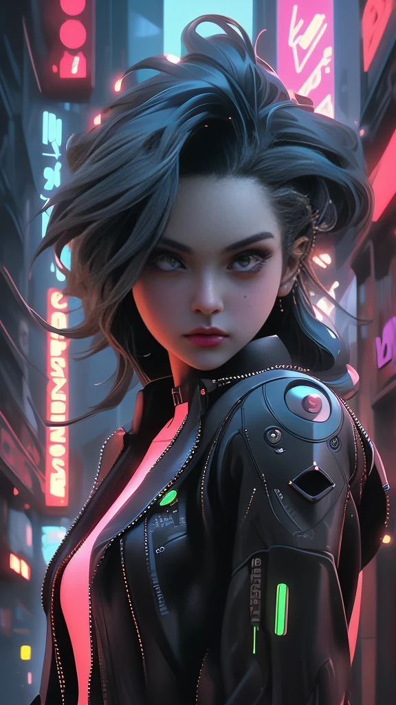 Beautiful cyberpunk girl in black leather jacket, flowing silky hair, detailed face, beautiful detailed eyes, piercing eyes, neon city background, cinematic lighting, complex technology, glowing technical elements, masterpiece