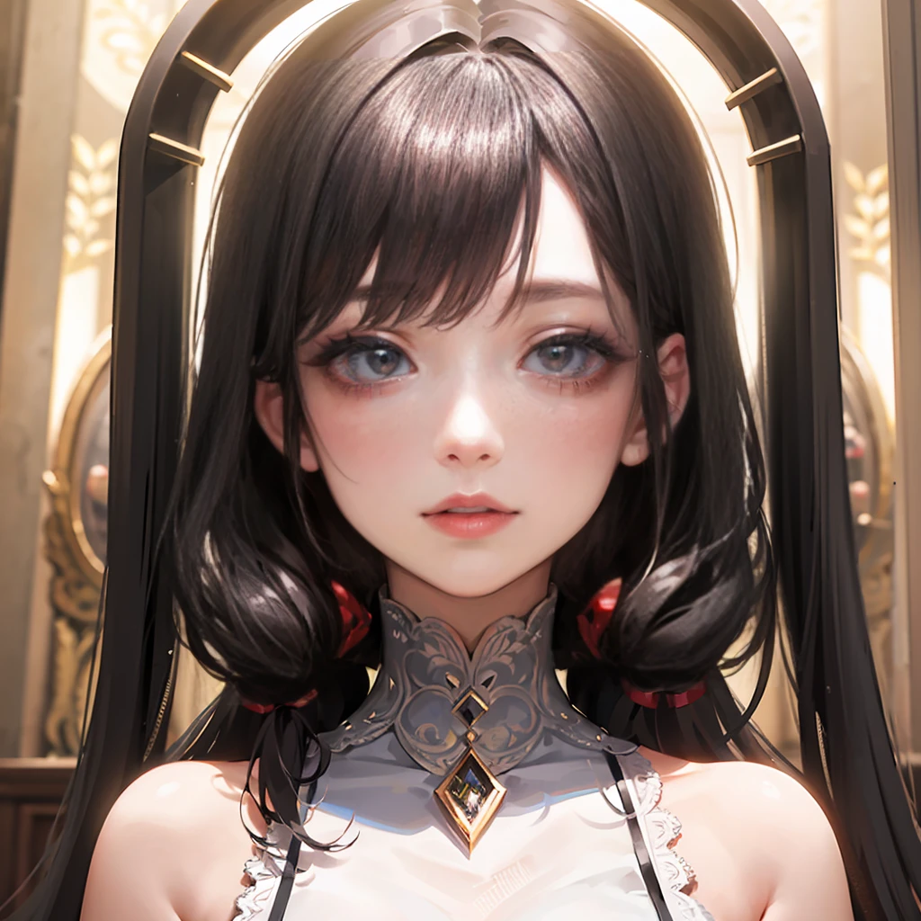 (8k, RAW photo, best quality, masterpiece:1.2), (realistic, photo-realistic:1.37), ultra-detailed, ultra high res, twtzuyu, 1 girl,looking at viewer,smile, ((wear crown on head)), queen, beautiful detailed eyes, (floating hair), detailed clothes, skin texture, cinematic lighting, professional lighting,