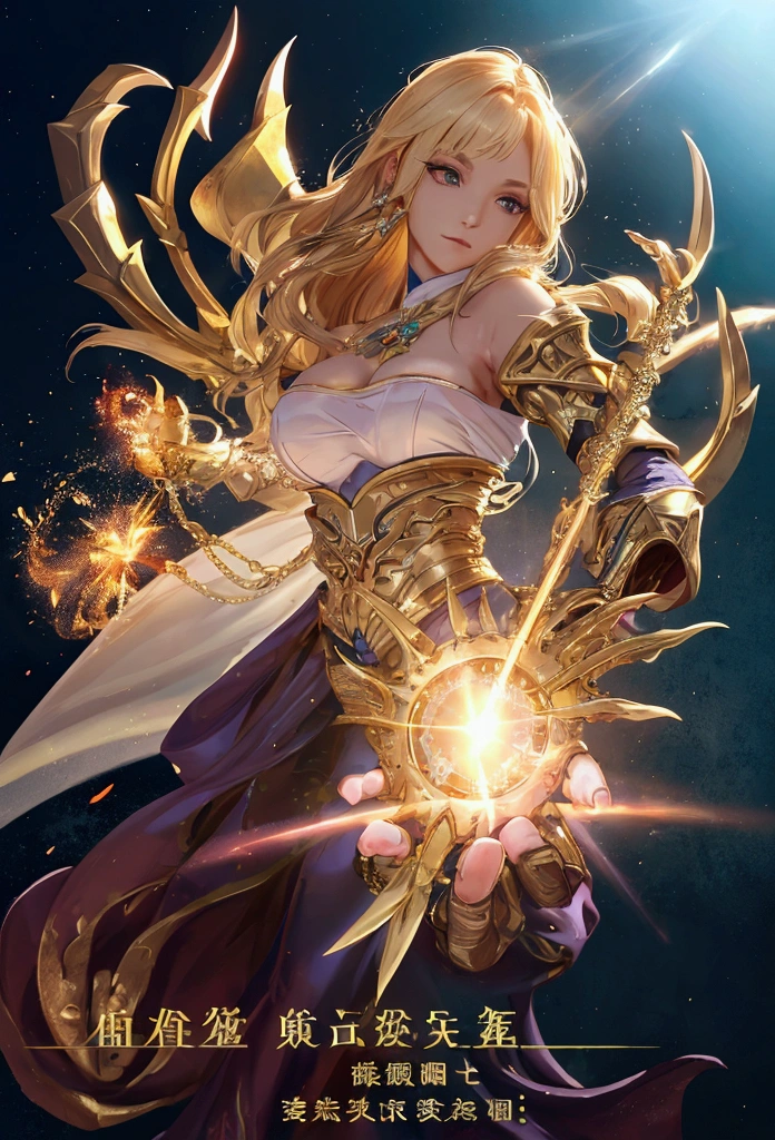 ((highest quality)),(ultra high resolution),(Super detailed),(detailed description),((best CG)),(best work of art),super precision art,amazing drawing art,(Fantasy art with precise details:1.5), (female magic night:1.8),(beautiful and well-shaped face:1.7),(Polished armor with intricately detailed carvings:1.8),(shiny blonde ponytail:1.6), A circlet inlaid with sparkling gems:1.6,A magic circle is floating around her.:1.6,dynamic pose