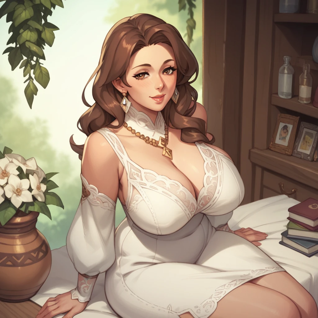 score_9, score_8_up, score_7_up, 1women, mature, brown hair, brown eyes, white fantasy dress