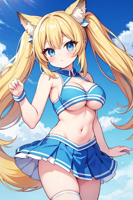 Highest quality,masterpiece,Blonde with blue eyes、Cheerleader、foxtail,foxear,Beautiful breasts、Twin tails、Girl&#39;s cute eyes,(BaseballStadium1.1,),,jumping,under boob,enjoy,