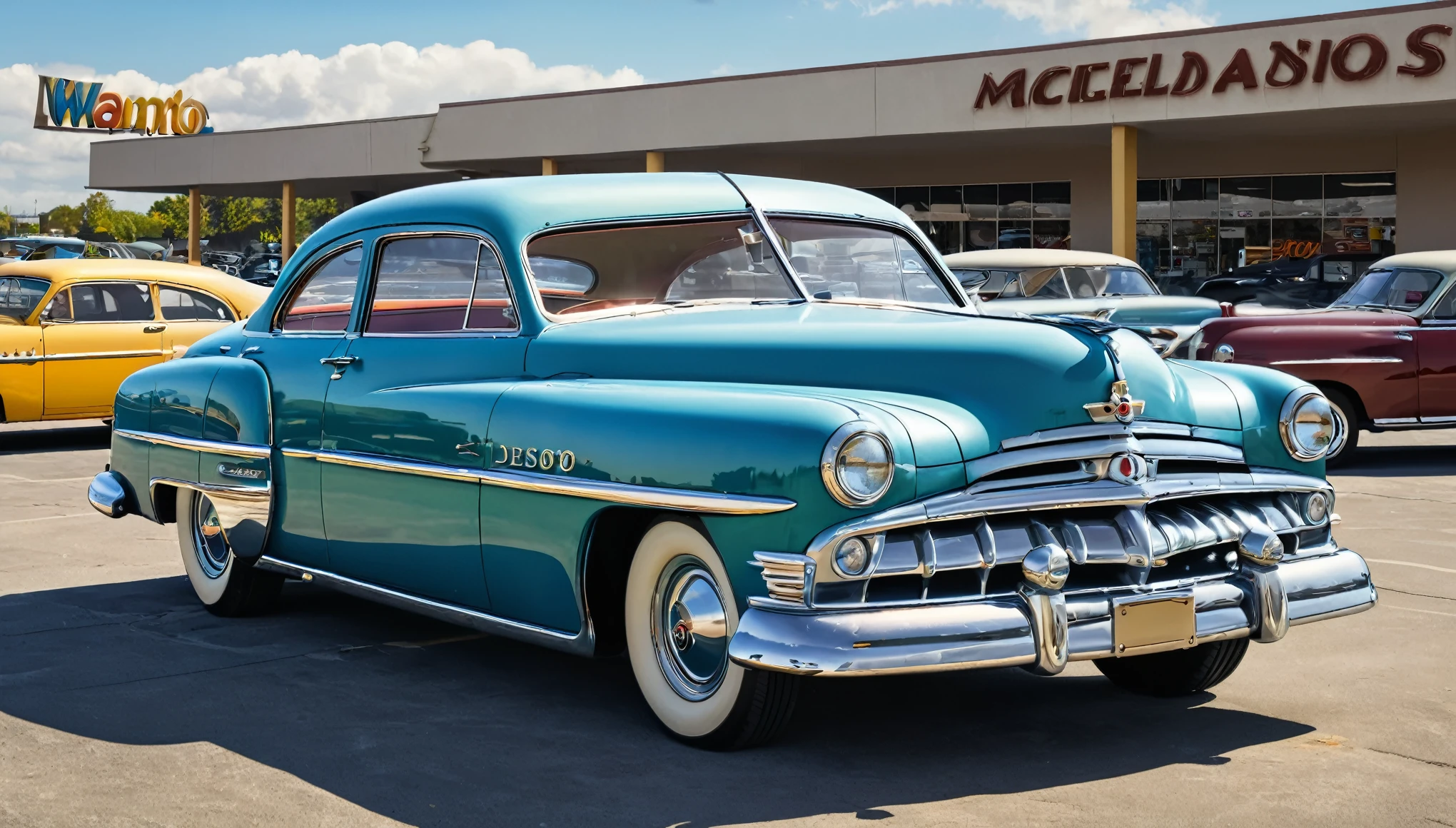 Create imaginative and amazing images demonstrating the style of ((Miscellaneous Academia)), 1950 DeSoto coupe, parked in a Walmart parking lot, high quality, 8k, hyperrealistic, detailed, photorealistic, dramatic lighting, warm tones, vintage car, chrome details, reflective paint, weathered exterior, concrete ground, shopping carts, blurred background, depth of field
