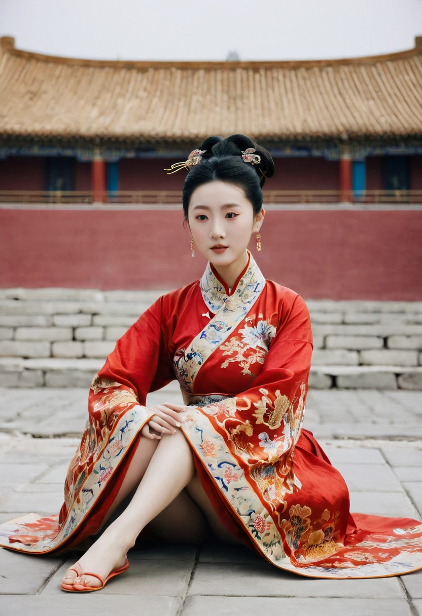 A woman seen from the front, sitting facing forward with her legs apart. A 20-year-old Qing dynasty empress in the Chinese imperial court during the Qing dynasty. The empress is wearing a red Manchu outfit with a floral pattern and is open at the front, revealing her chest, lower abdomen, thighs and feet.。She is wearing no underwear, and her large breasts are exposed, right down to her bare stomach. Her hair is tied up and pulled up, and the background is the stone pavement of the Chinese palace of the Qing Dynasty.