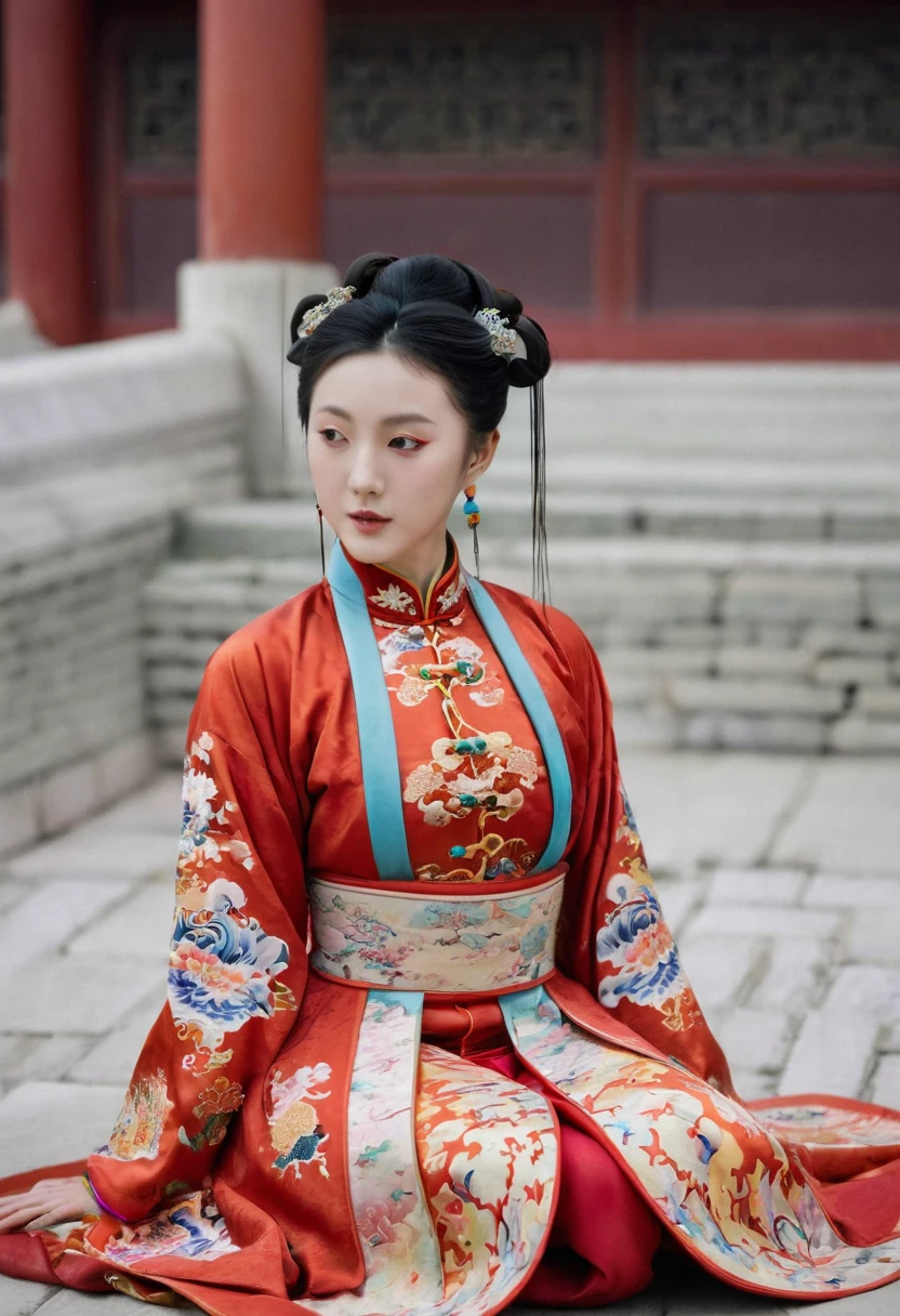 A woman seen from the front, sitting facing forward with her legs apart. A 20-year-old Qing dynasty empress in the Chinese imperial court during the Qing dynasty. The empress is wearing a red Manchu outfit with a floral pattern and is open at the front, revealing her chest, lower abdomen, thighs and feet.。She is wearing no underwear, and her large breasts are exposed, right down to her bare stomach. Her hair is tied up and pulled up, and the background is the stone pavement of the Chinese palace of the Qing Dynasty.