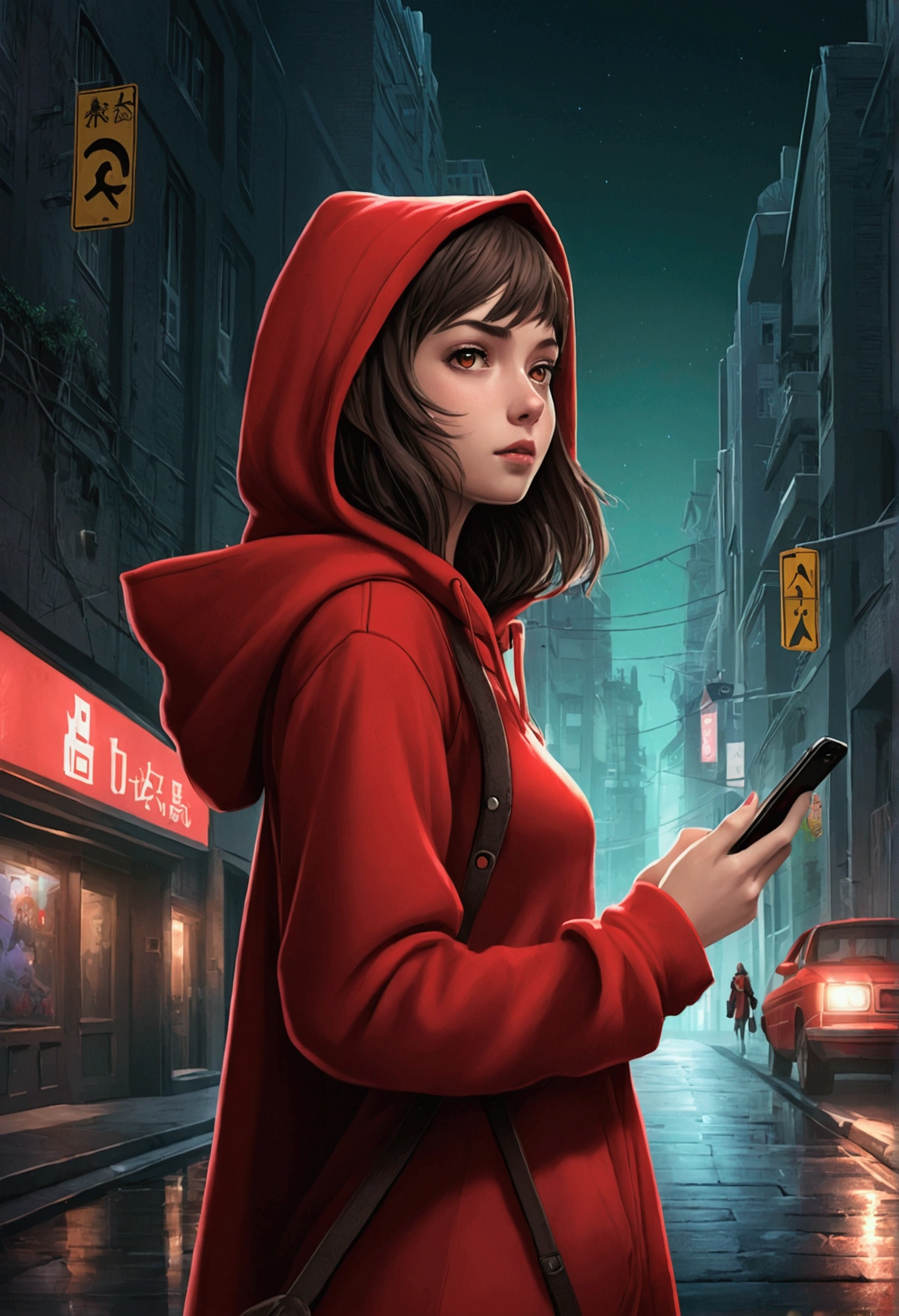 "A modern anime-style illustration of Red Riding Hood in an urban setting. The protagonist is a girl wearing a red hoodie and holding a smartphone. She's walking through a city street that transitions into a dark forest. In the background, a shadowy figure resembling a wolf in human clothing is seen checking his phone. Include elements like street signs, tall buildings, and social media icons floating around to represent the modern twist on the classic fairy tale."