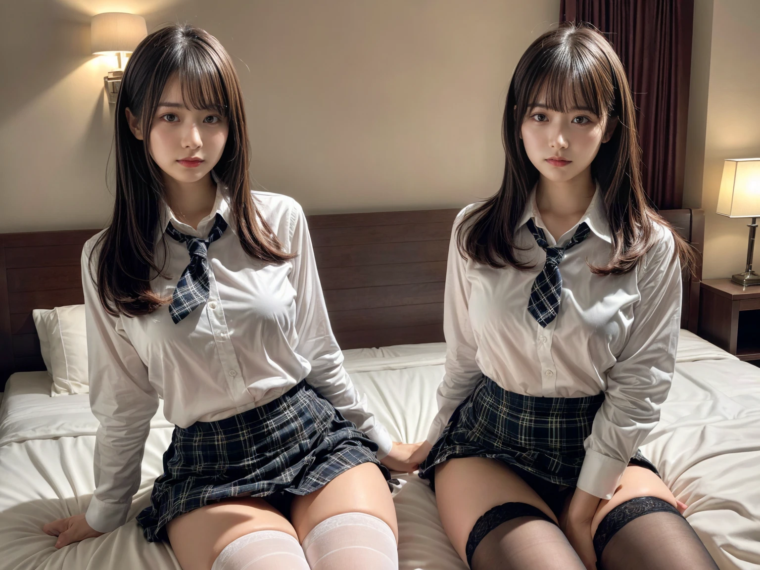 masterpiece, best quality, illustration, Super detailed, fine details, High resolution, 8K,wall paper, perfect dynamic composition,(Details High quality, realistic depiction of eyes:1.3), (2 girls), (white school shirt :1.2), (plaid skirt :1.3), tie black, black thigh-high stockings, sitting, open legs, short bob hair, in a hotel room in the background, deep on field, large breasts, black hair color, Big Natural Color Lip, (perfect body shape), crying a little、Harajuku style、20 year old girl、cute type、beautiful legs, Gravure Idol