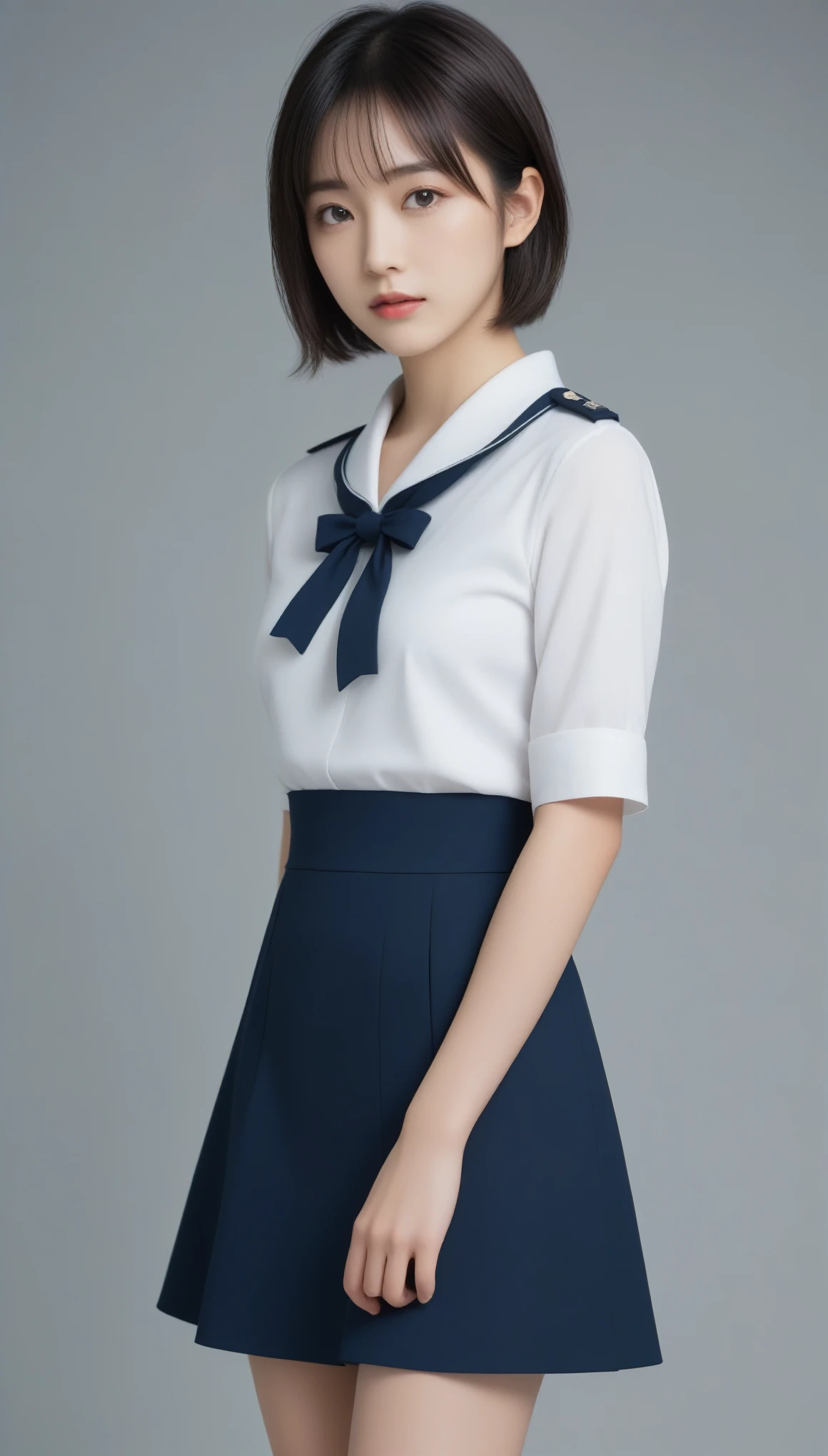 (Highest quality, masterpiece:1.2), Highest quality, Realistic, Neat 、Off-field、(Slime)、Realistic、detailed, Skin Texture, 超detailedな、Delicate and sexy collarbone、Laughter、非常にdetailedな顔、detailedな唇、detailedな目、Small breasts、Small breasts、Small shopping mall、Flat Chest、Face with emphasis on breasts、(( Are standing、 uniform、White panties visible through the skirt、Sheer white shirt、Navy blue ribbon on collar、She gently lifts the hem of her navy blue pleated microskirt with both hands....,,,))