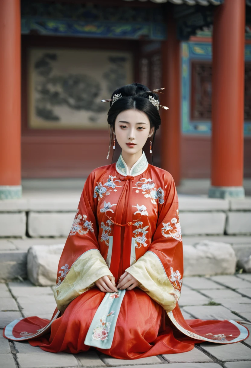 A woman seen from the front, sitting facing forward with her legs apart. A 20-year-old Qing dynasty empress in the Chinese imperial court during the Qing dynasty. The empress is wearing a red Manchu outfit with a floral pattern and is open at the front, revealing her chest, lower abdomen, thighs and feet.。She is wearing no underwear, and her large breasts are exposed, right down to her bare stomach. Her hair is tied up and pulled up, and the background is the stone pavement of the Chinese palace of the Qing Dynasty.