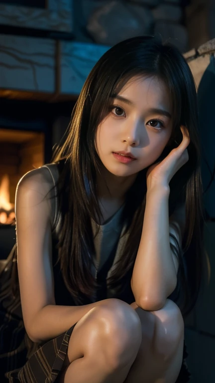 (((10 year old girl))), (((in dark cabin at night))), (((warming herself by fireplace))), Japanese, cute, dark, bobbed hair, (((staring blankly at fireplace))), (((not looking at viewer))), straight face, no smile, uneasy profile, trainers and very short mini-skirt, sitting in front of fireplace, fireplace fire illuminating girl's face, horror movie scene, high resolution, high detail, fine detail, masterpiece, top quality, award, best resolution, scene of a horror movie, high resolution, high detail, best resolution, scene of a horror movie girl is sitting in front of a fireplace, fireplace fire illuminates girl's face, horror movie scene, high resolution, high detail, detail, masterpiece, top quality, award, highest resolution, realistic, raw photo, 8K wallpaper