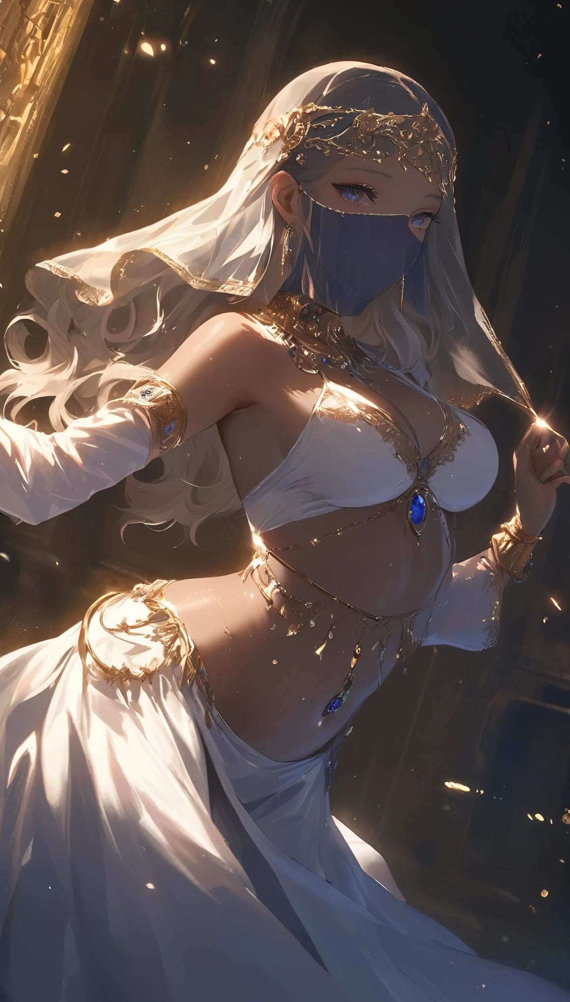 quality\(8k,wallpaper of extremely detailed CG unit, masterpiece,hight resolution,top-quality,top-quality real texture skin,hyper realisitic,increase the resolution,RAW photos,best qualtiy,highly detailed,the wallpaper,cinematic lighting,ray trace,golden ratio\), BREAK ,solo,1girl\(dancer\((Belly_dance:1.3),Raqs Sharqi\),Arabic,(face veil:1.7),dark skin, shiny skin, cleavage, wearing jewels, wearing bedlah\(belly_dance dress,beautiful\), crystal jewelry,( smiling under face veil), beautiful hair, long hair,floating hair,shiny hair,starly hair, wavy hair, bracelets, necklace, earrings,wearing makeup\(eyeshadow,lips\),long eyelashes,(dynamic pose:1.3),motion blur on costume,(abs),breast,(dancing\(beautiful dance\):1.5),big eye,beautiful eye,shiny skin,smooth skin,slender,stirring,wet skin,sweat,(Navel piercing\(big,beautiful jewelry\))\), BREAK ,background\(inside golden arabic palace,(very dark:1.4), luxury, many shiny reflects\),(long shot:1.4),(wide shot:1.4),full body,(dynamic angle:1.6),long shot