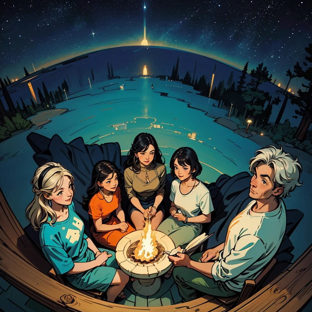 2D stylized image of artists at a park, adults, grown people. reading, writing, painting, creating sculptures, friends, fun, inspirational, masterpiece, seen from above, many diverse people, different races and styles, fantastical looking, bird eye view, playing with fire, starry night, magical, making art, painting together, canvases, 4 people