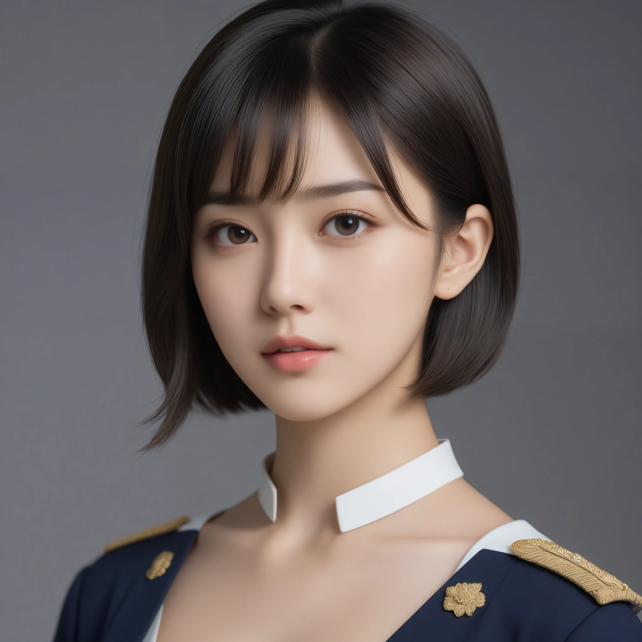 8k, Ultra-high resolution, Highest quality, masterpiece, 三分割法によるphotograph,Surreal, photograph, 1 Girl, (16 years old:1.3), pretty girl, Cute Face, Beautiful eyes in every detail, 細かくdetailedに,masterpiece,One Girl:1.2,Japanese female officer,Superior non-commissioned officer,extream close up,Serious expression,Black short hair,Bob with bangs, (The finest ceremonial attire:1.3),Pencil Skirt,Sharp contours,Looking down,Gray background, Light from above, Low contrast, (Side view),Perfect and beautiful face ,完璧でCute Face, Skin with attention to detail, Perfect limbs、Narrow waist,Looking at the audience,(((Ideal body type))),A cup small breasts :2,Portraiture:2,Perfect Anatomy,鮮明なdetailed,detailed,Surreal,Light and shadow,glowing