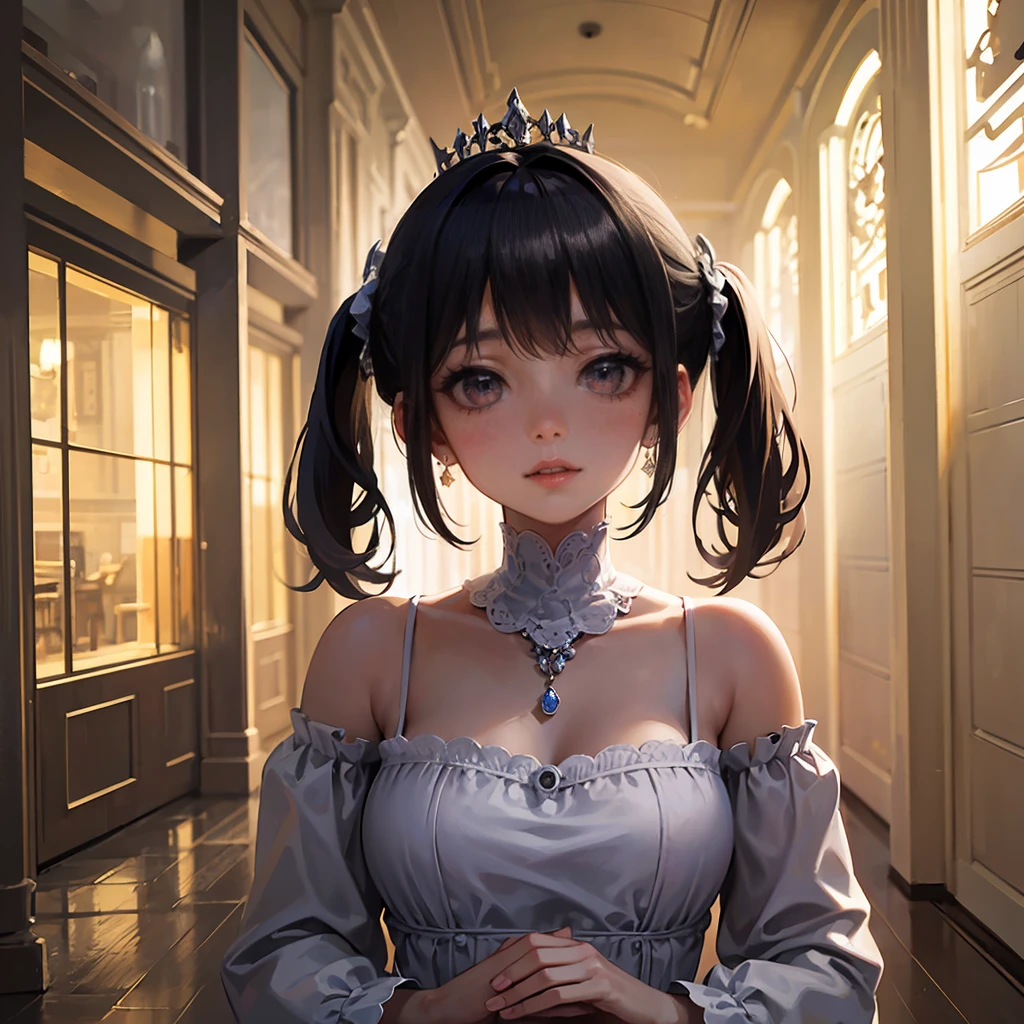 masterpiece, Best Quality, Very delicate and beautiful, Ultra-high resolution, 8k, 3d, Princess like a doll, cute,
highly detailed dress, Twin tails, trimmed bangs, Transparent white skin, large, round eyes, Thin lips, round face, look up, Upper Body, Looking at the camera, The best light, Perfect composition,