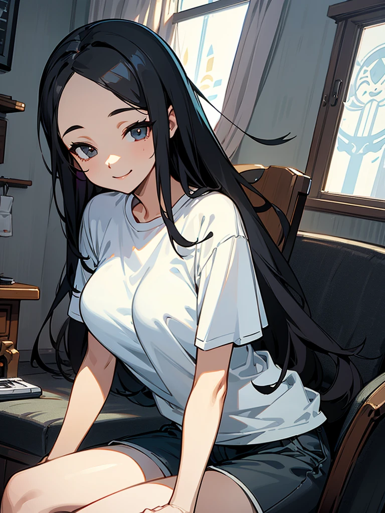 {best quality}、My room in white tones、Long Black Hair、forehead、2５Old woman、beautiful breasts beautiful breasts、Sitting and playing video games with a game controller、openmouth、A fearless smile、oversized t-shirt、shorts、cowboy shot、Low angle