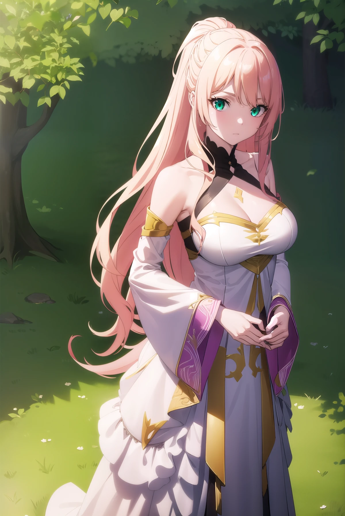 lexiavonarselia, lexia von arselia, long hair, blonde hair, (green eyes:1.5), ponytail, pink hair, big breast, visible chest, large breast, BREAK dress, bare shoulders, detached sleeves, white dress, BREAK looking at viewer, full body, BREAK outdoors, forest, nature, BREAK (masterpiece:1.2), best quality, high resolution, unity 8k wallpaper, (illustration:0.8), (beautiful detailed eyes:1.6), extremely detailed face, perfect lighting, extremely detailed CG, (perfect hands, perfect anatomy),