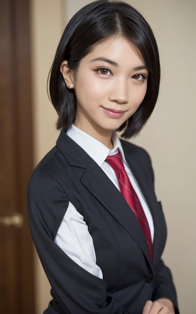 girl, Hyper Realistic, masterpiece, smile, portrait, bobhair, skirt suit, dress shirt, red necktie, blazer, bodycon miniskirt, pencil skirt, tights, pantyhose