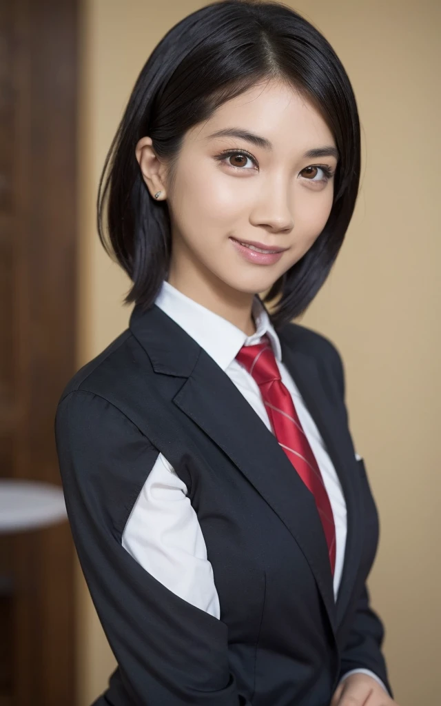 girl, Hyper Realistic, masterpiece, smile, portrait, bobhair, skirt suit, dress shirt, red necktie, blazer, bodycon miniskirt, pencil skirt, tights, pantyhose