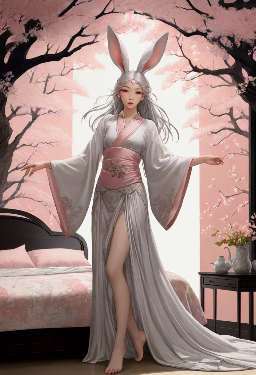 ((Inspired by Takato Yamamoto))，Lovely(1 Dancer:1.3), fluffy rabbit ears, Light pink eyes, Silver long hair, Floating clothes, Charming pose, bedroom, Pastel colors,Bright Lights, (Extremely detailed CG 8k wallpaper), (masterpiece), best quality