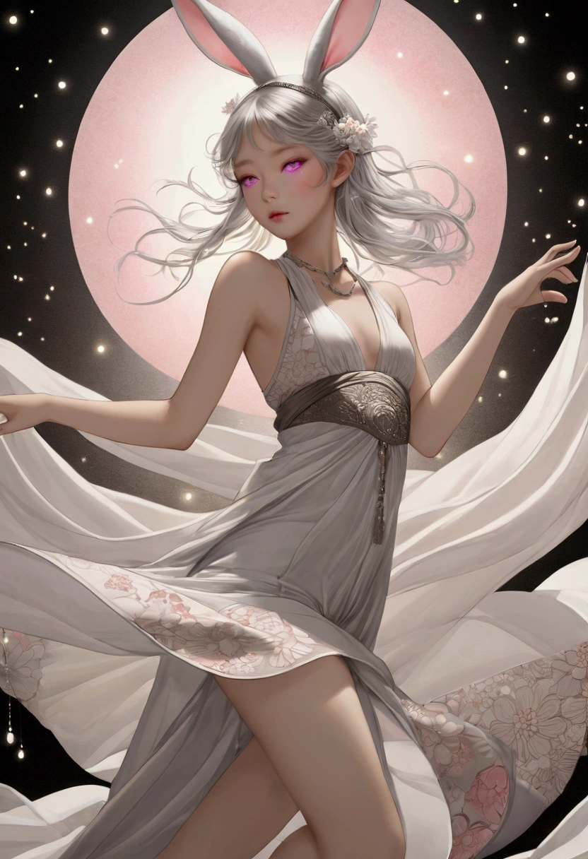 ((Inspired by Takato Yamamoto))，Lovely(1 Dancer:1.3), fluffy rabbit ears, Light pink eyes, Silver long hair, Floating clothes, Charming pose, bedroom, Pastel colors,Bright Lights, (Extremely detailed CG 8k wallpaper), (masterpiece), best quality