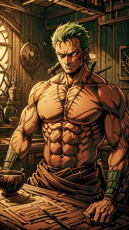 (1man, roronoa zoro), (extremely detailed CG unit 8k wallpaper),(master part), (best quality), (ultra detail), (best illustration),(style of Dan Mumford), cowboy shot, (Sharp eyeliner, ombre, detail eyes:1), dark tavern interiors background, ,break , (salvagepirateworld), upper body,