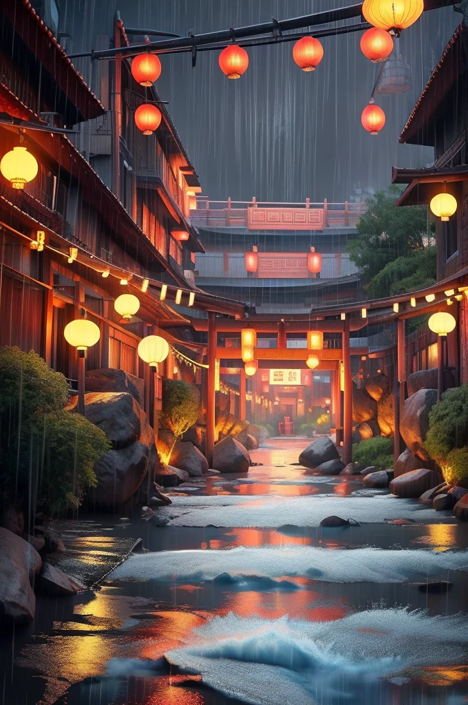 Scenery of Araf village，There are a lot of lights in the building, Dreamy Chinatown, china village, Awesome Wallpapers, Japanese Town, Japanese Village, 街のシュールなphotograph, Old Asian Village, Japanese cities, By Raymond Han, Rainy night, Cyberpunk Chinese Ancient Castle, brightly lit building, Rainy night, beautifully、aesthetic, photograph, movie, 8k, Attention to detail ((heavy rain)))