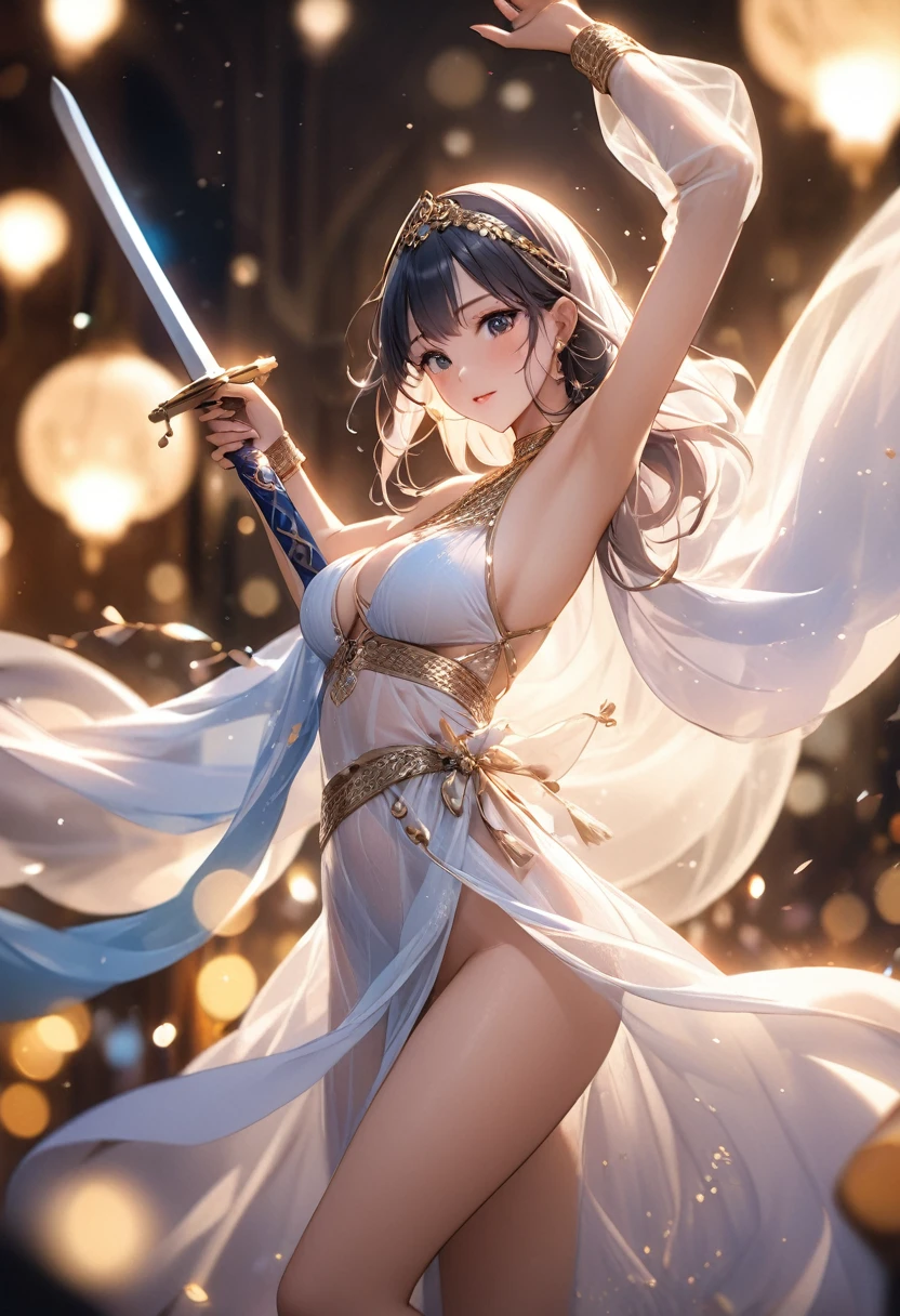 Arabian Nights、(A beautiful woman dances with a sword in each hand)、(Dance of the Sword)、The sword is curved like a crescent moon.、(See-through sexy outfitotion Blur、Cinematic Light、Soft Light、Soft Focus、Bokeh、RAW Photos、Professional photos、(Highest quality, masterpiece, High resolution)、4K、wallpaper