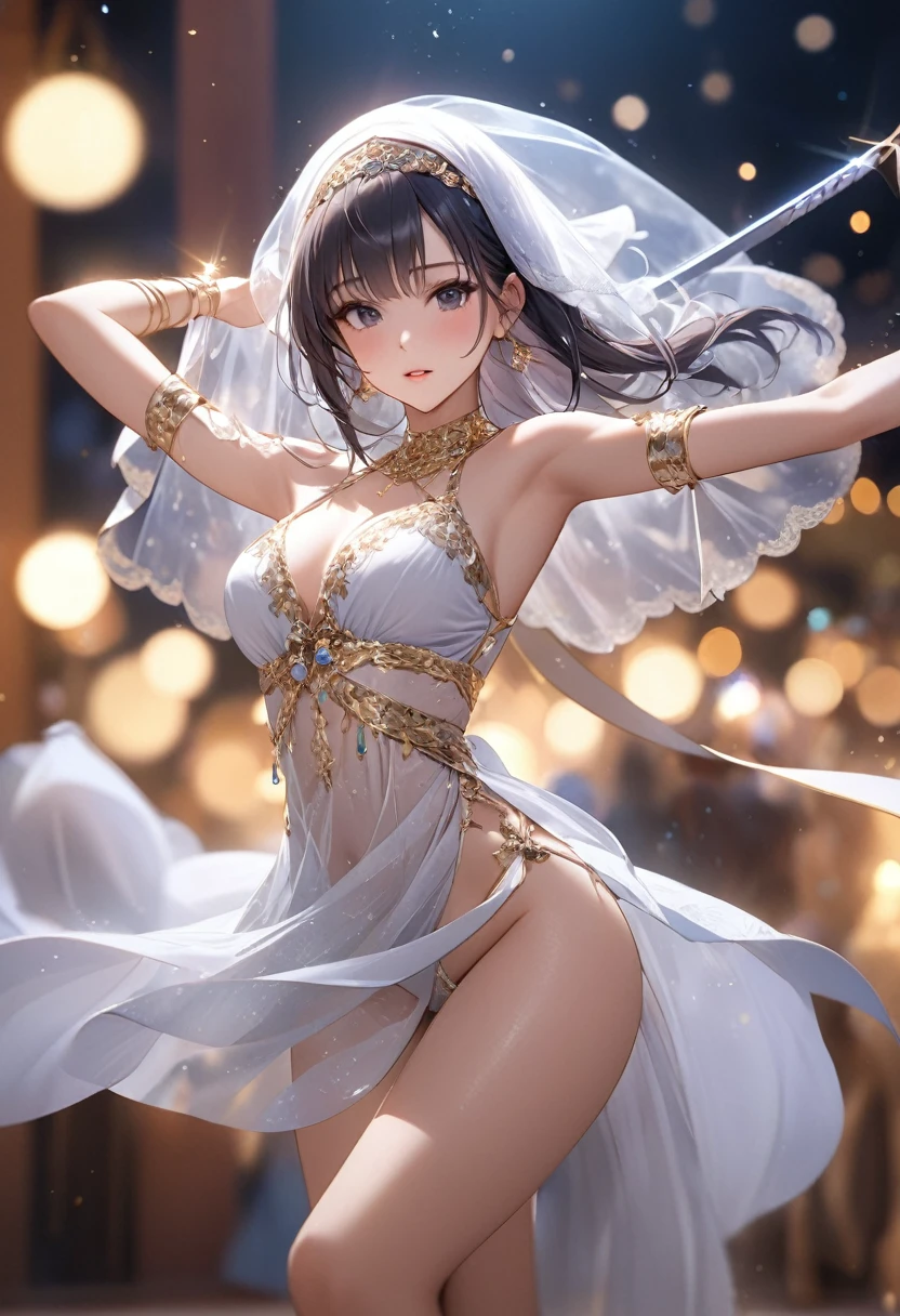 Arabian Nights、(A beautiful woman dances with a sword in each hand)、(Dance of the Sword)、The sword is curved like a crescent moon.、(See-through sexy outfitotion Blur、Cinematic Light、Soft Light、Soft Focus、Bokeh、RAW Photos、Professional photos、(Highest quality, masterpiece, High resolution)、4K、wallpaper