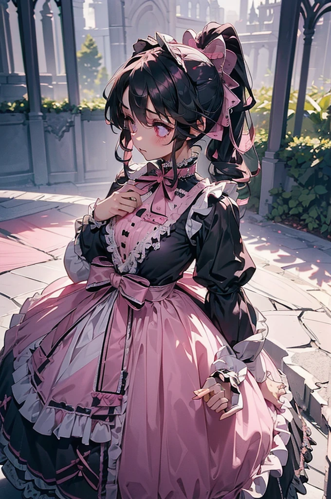 (((beautiful))), (((Gothic Lolita, dress, Gothic Lolita))), ((Black Hair, ponytail, Pink ribbon)), (((Intricate details))), High resolution, ((Intricate details, Ultra-detailed)), whole body, Are standing, Facing forward, Red cheeks, garden
