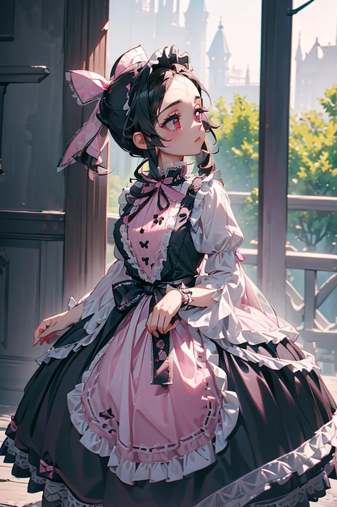 (((beautiful))), (((Gothic Lolita, dress, Gothic Lolita))), ((Black Hair, ponytail, Pink ribbon)), (((Intricate details))), High resolution, ((Intricate details, Ultra-detailed)), whole body, Are standing, Facing forward, Red cheeks, garden