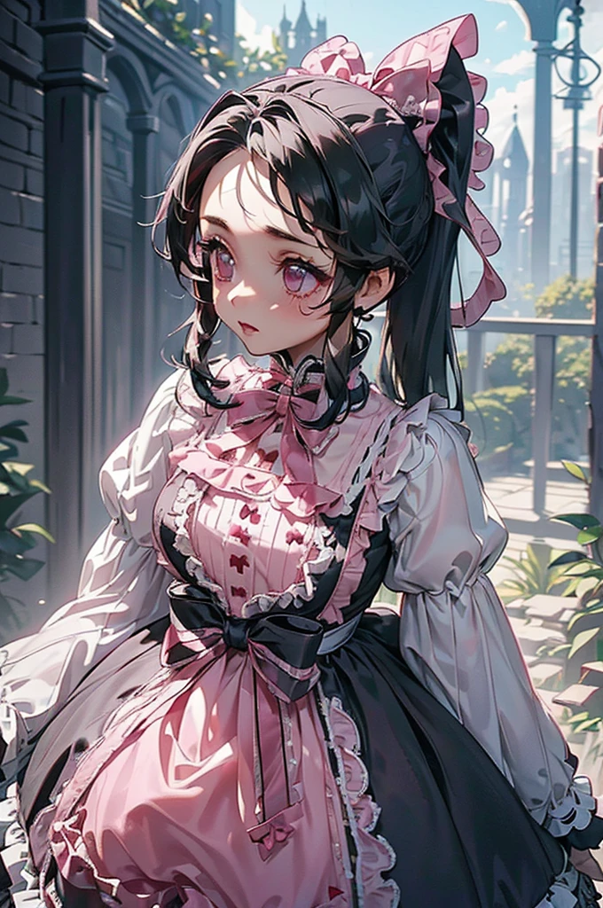 (((beautiful))), (((Gothic Lolita, dress, Gothic Lolita))), ((Black Hair, ponytail, Pink ribbon)), (((Intricate details))), High resolution, ((Intricate details, Ultra-detailed)), whole body, Are standing, Facing forward, Red cheeks, garden