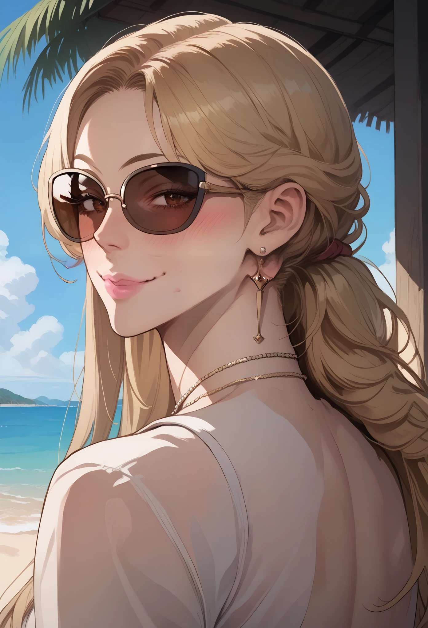 score_9, score_8_up, score_7_up, score_6_up, source_anime, illustration, an anime girl wearing sunglasses with the caption, "i'm not a princess" and an image of her on the beach, 1girl, solo, long hair, looking at viewer, blush, smile, blonde hair, brown eyes, jewelry, closed mouth, earrings, outdoors, day, looking back, blurry, pink lips, sunglasses, portrait